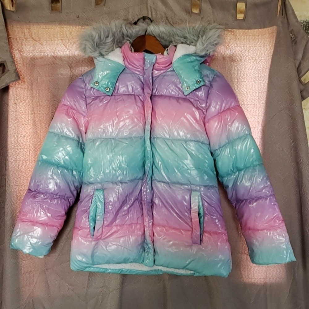 Justice Jacket Girls 7/8 Multicolor Ombre Puffer Hooded Faux Fur Lined Winter